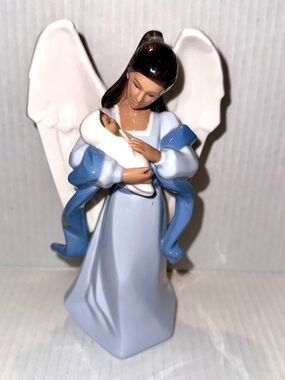 VTG Hallmark Porcelain Angel Figurine Holding Baby in Blue Robe 8”